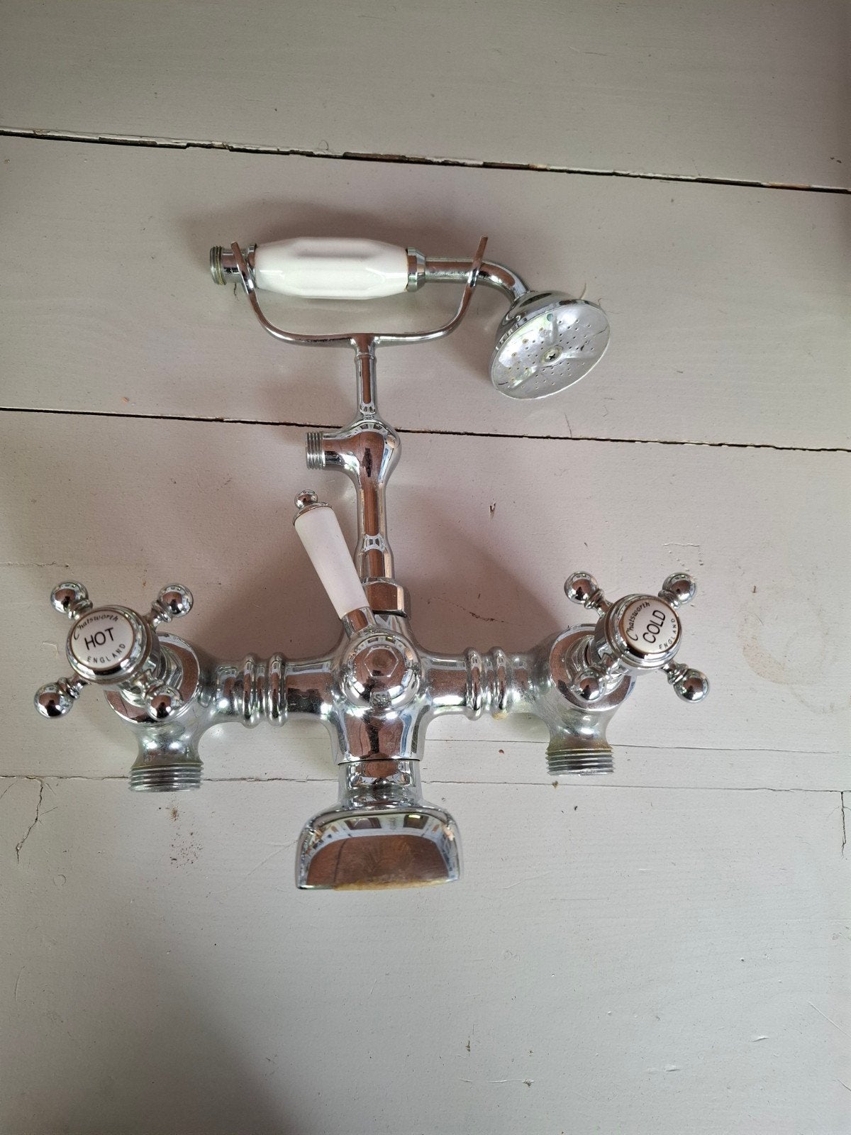 vintage douche  badkraan merk chatsworth uit Engeland, Doe-het-zelf en Verbouw, Sanitair, Ophalen, Gebruikt, Koper, Bad