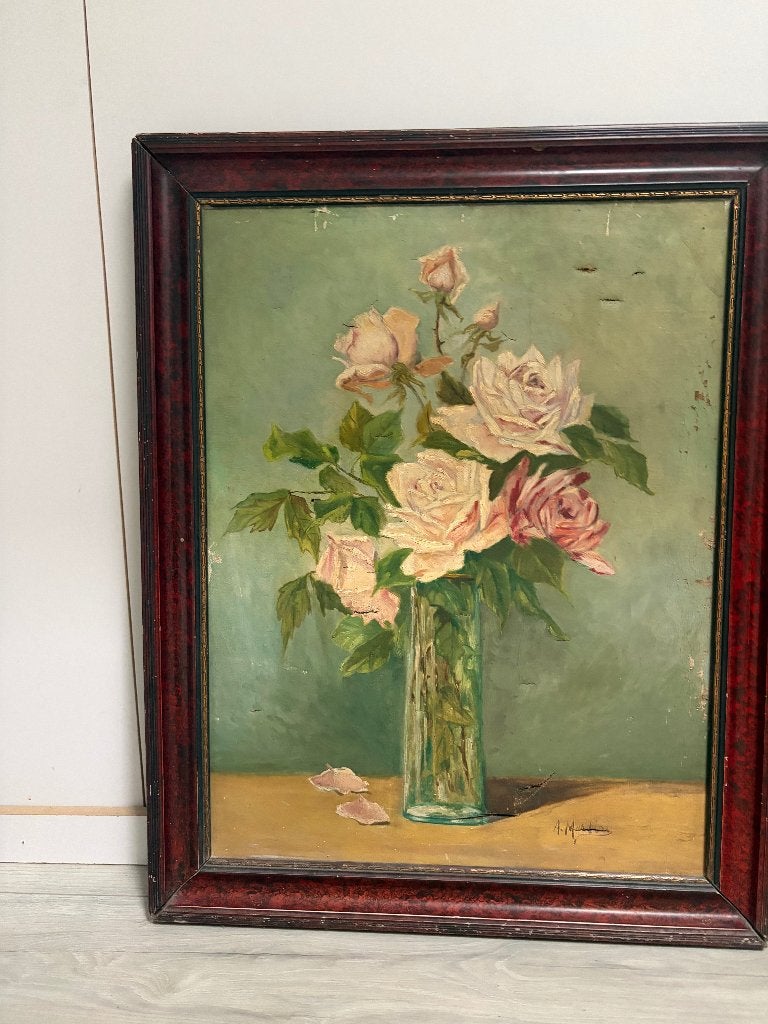 Vintage Schilderij: Rozen in Vaas (60x76 cm), Ophalen