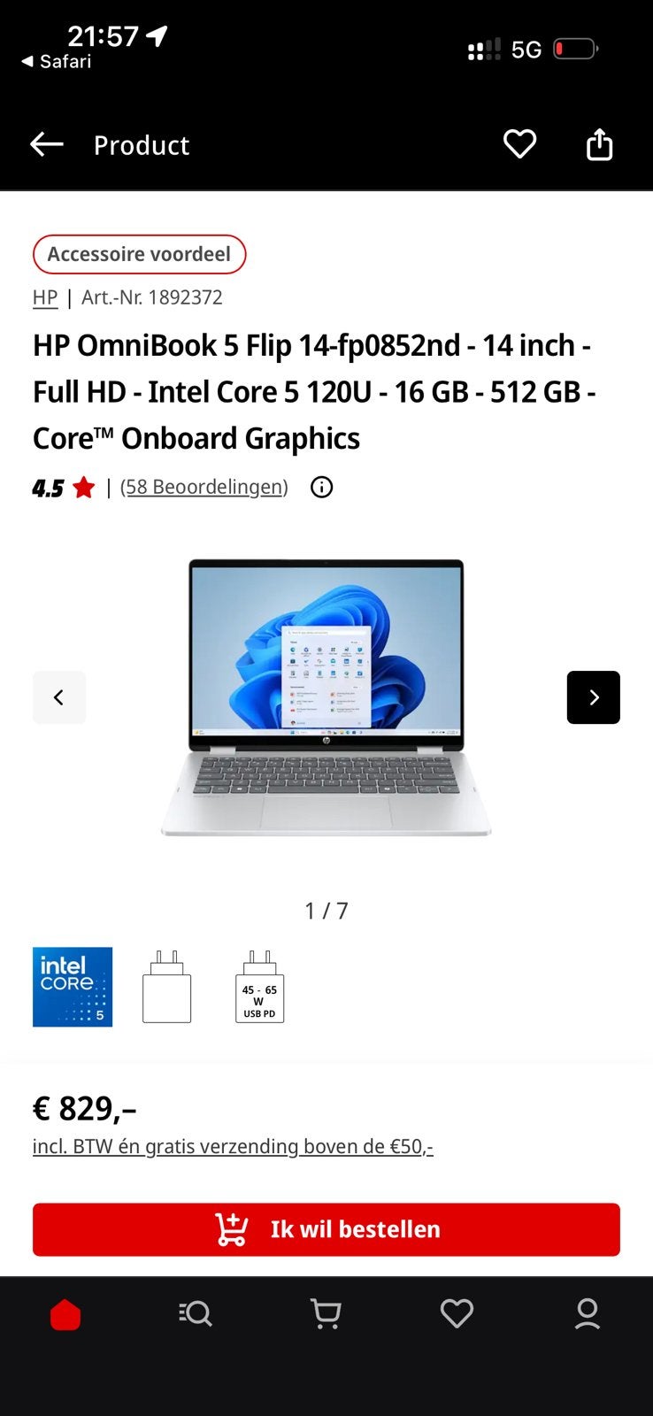 HP OmniBook 5 Flip - 14 inch - Full HD - Intel Core 5, Computers en Software, Chromebooks, Zo goed als nieuw, 14 inch, 4 GB of minder