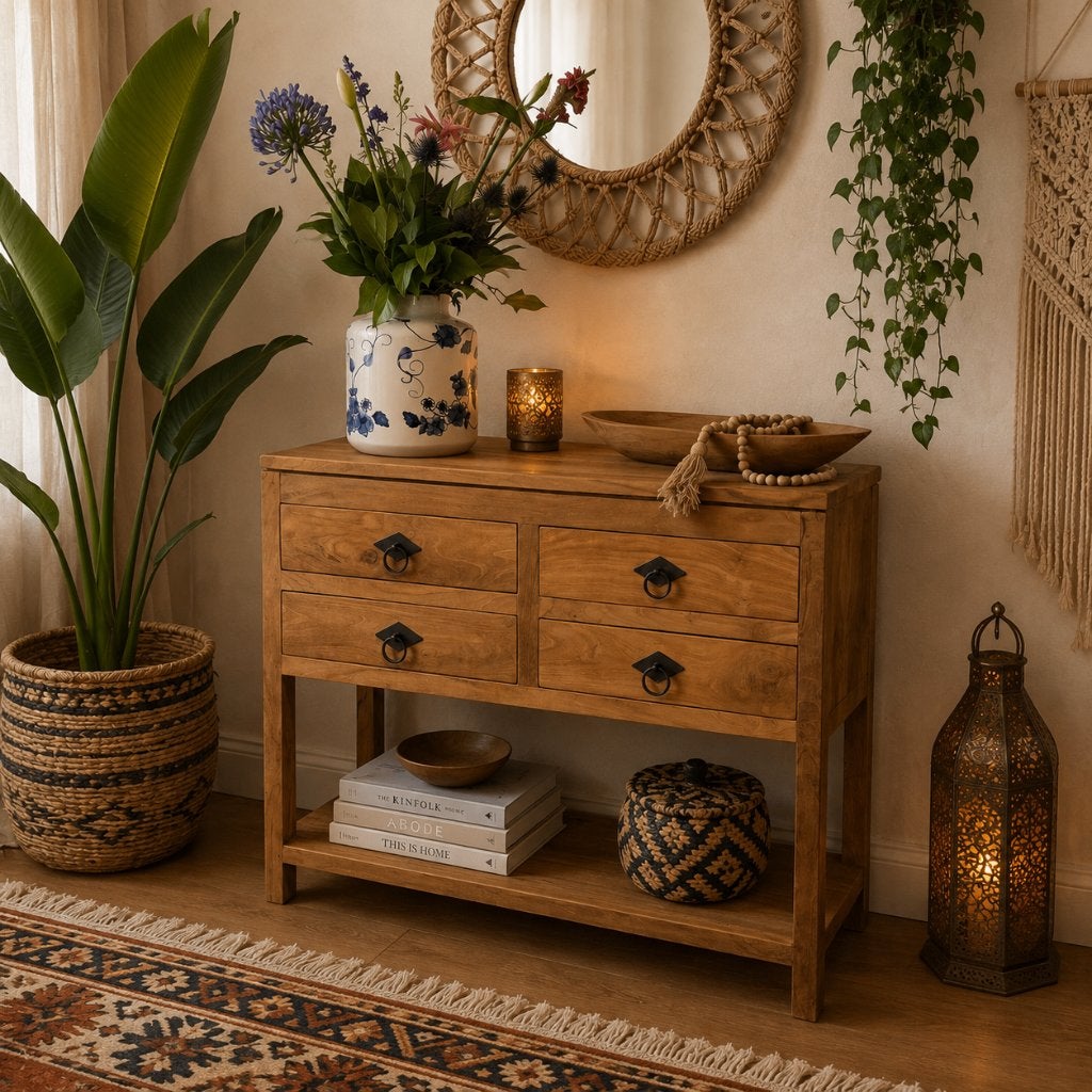 sidetable teak - 80 x 40 cm - 4 lades – Gratis bezorgd, TTM Wonen, Meubels – (Perzische) Tapijten en Woonaccessoires, 50 tot 100 cm