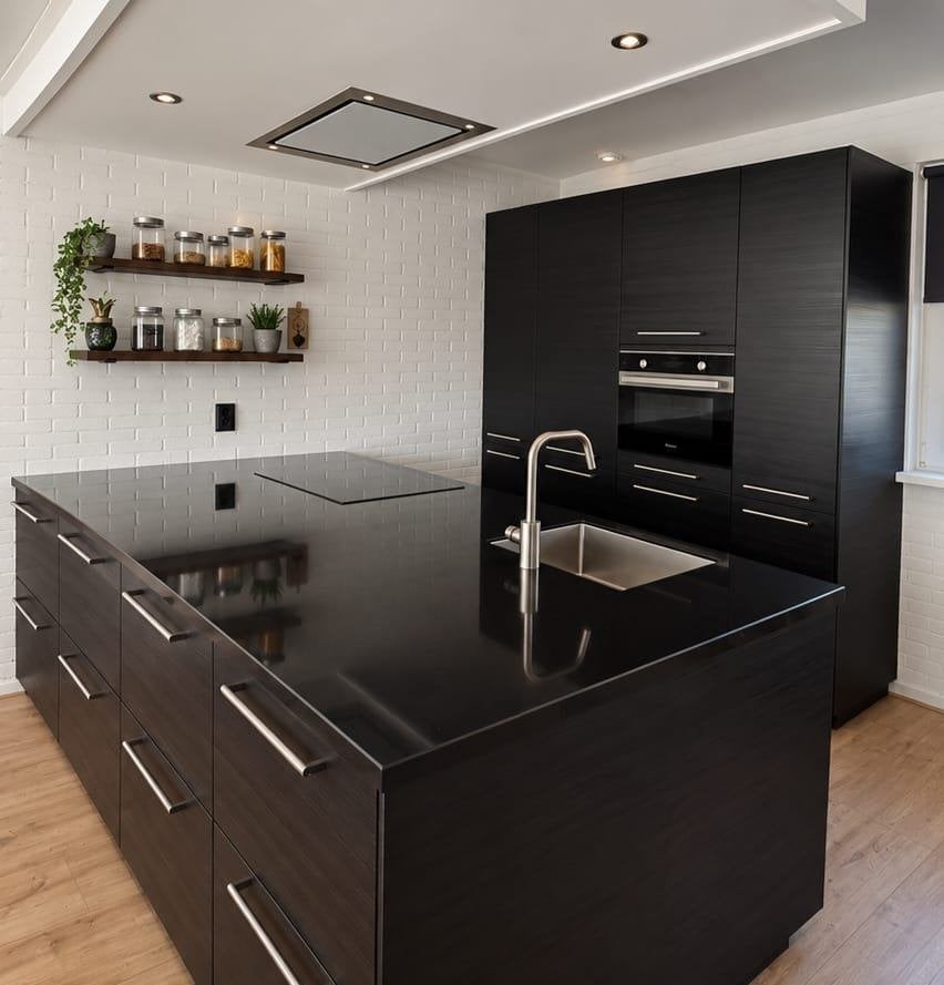 Luxe Moderne houtnerf zwarte IKEA eilandkeuken+GEDEMONTEERD, Zwart, Overige typen, Graniet of Steen, Ophalen of Verzenden