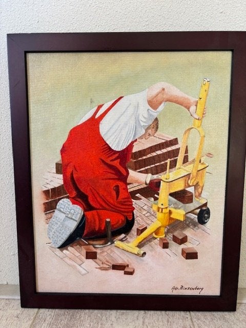 Olieverfschilderij, stratenmaker, 33 x 27 cm, Antiek en Kunst, Overige stijlen, Doek, Ophalen of Verzenden, Olieverf