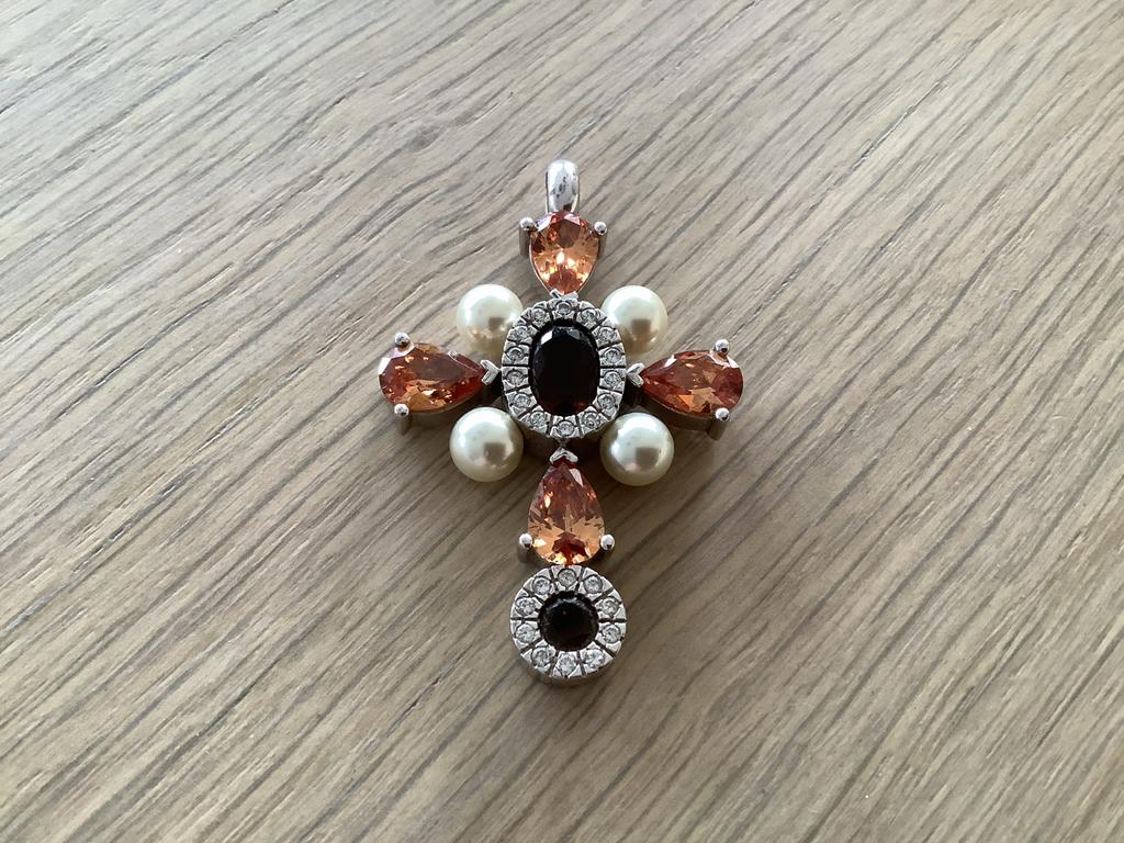 Kruis met edelstenen en parels, Ophalen of Verzenden, Zilver, Kruis of Symbool