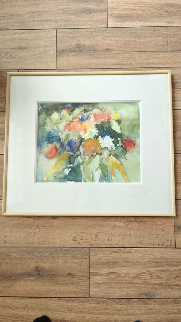 Originele aquarel Ton Albers tuinbloemen in lijst, Ophalen of Verzenden