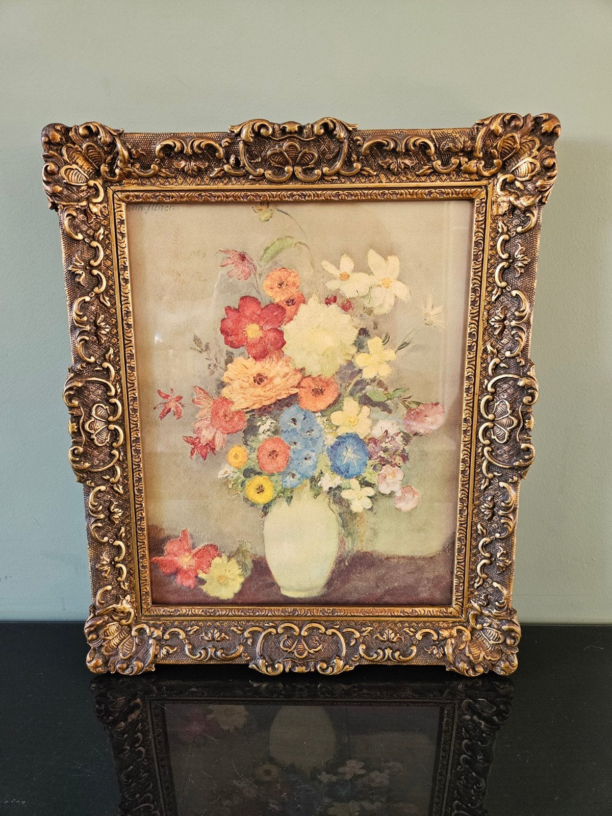 Klassiek bloemstilleven in sierlijke barok lijst,  goudkleur, Bloemen, Doek, Ophalen of Verzenden, Olieverf