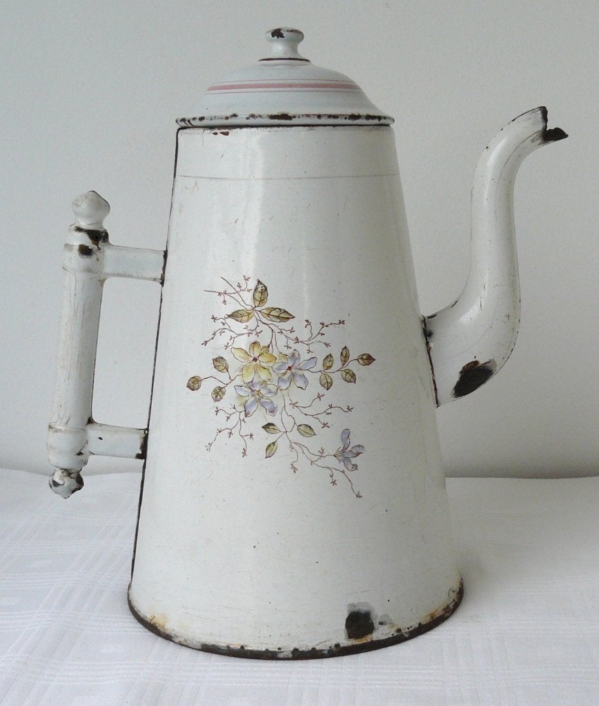 Leuke emaille koffiekan met bloemetjes versierd., Antiek en Kunst, Ophalen of Verzenden