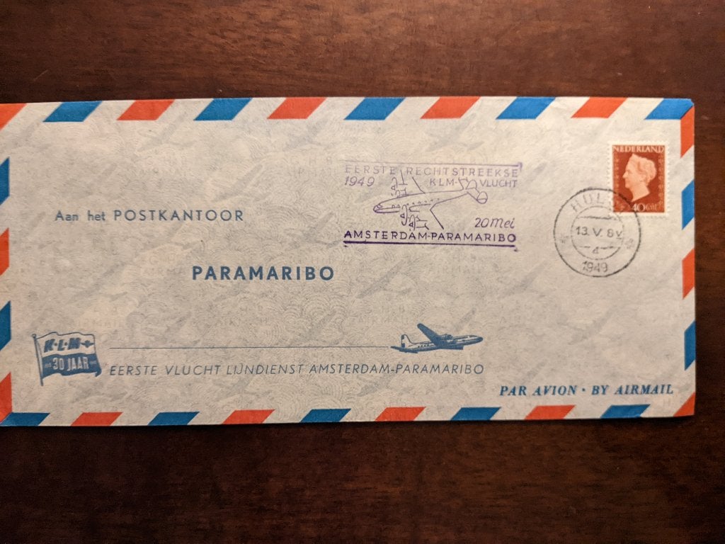 SURINAME 1949; 1e KLM-vlucht PARAMARIBO LEES, Postzegels en Munten, Brieven en Enveloppen | Nederland, Verzenden, Envelop