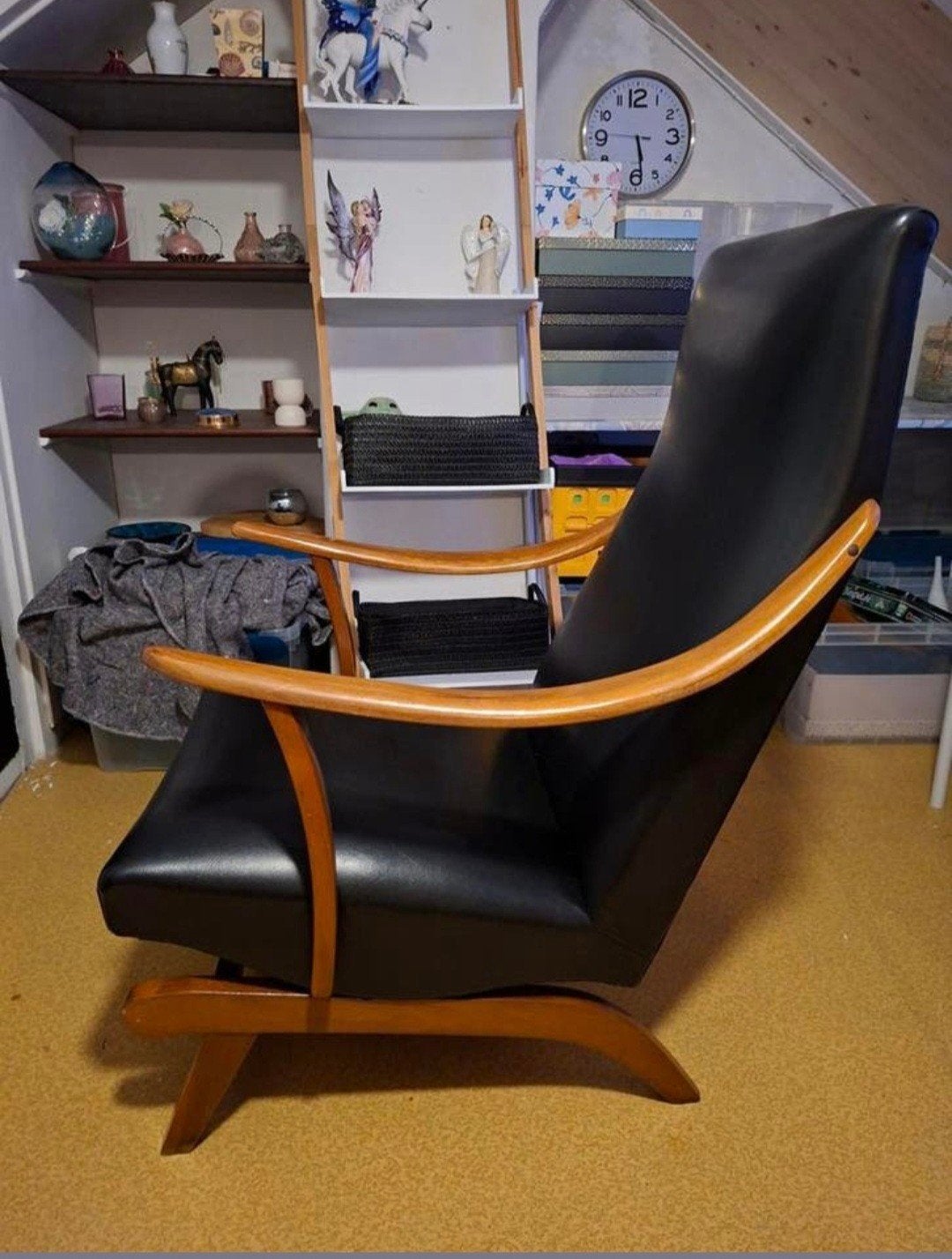 Vintage Schommelstoel Jaren '60 - Zwart Leer, Ophalen