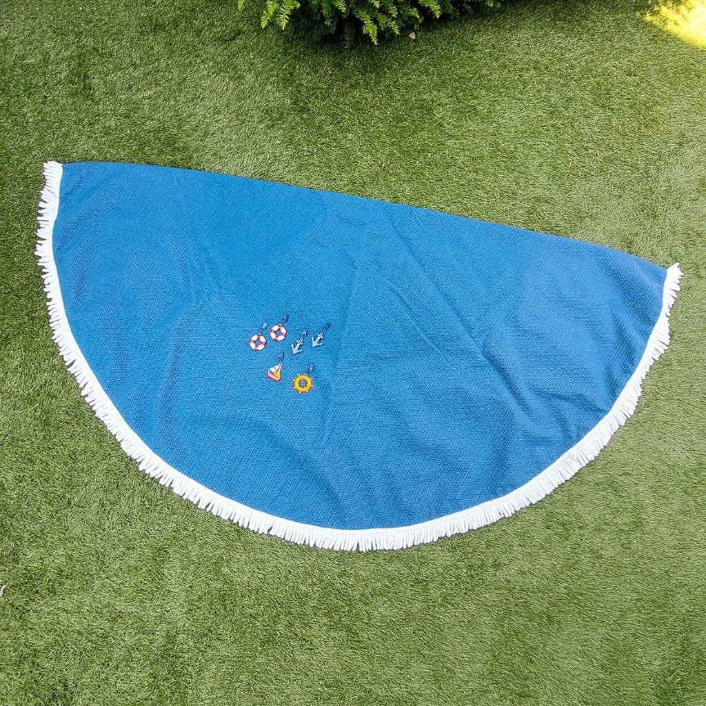 Camping ovaal blauw kunststof tafelkleed met witte franjes, Ophalen, Gebruikt