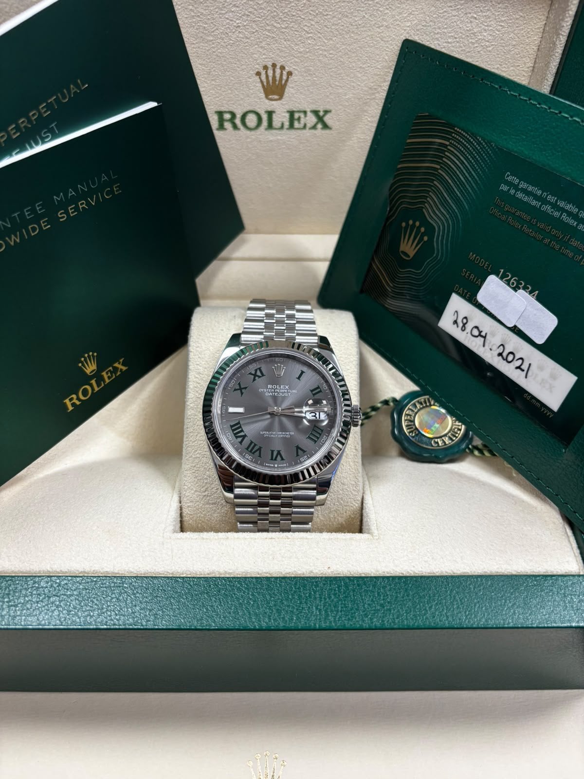 Rolex Datejust 41 Wimbledon 2021 doos papieren 126334, Ophalen, Staal, Polshorloge, Zo goed als nieuw