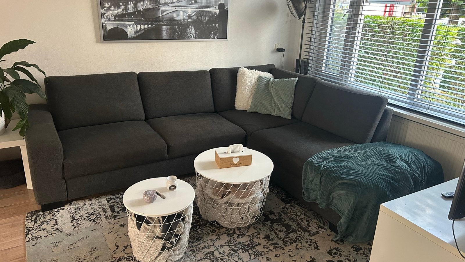 Donkergrijze tweedelige hoekbank (280x230 cm), Ophalen, 250 tot 300 cm, Gebruikt, Hoekbank