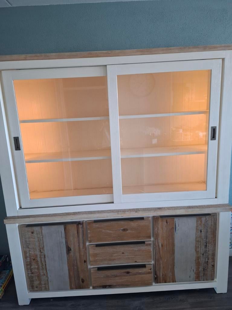 Buffetkast / Vitrinekast met schuifdeuren en lades, Ophalen, Gebruikt, Glas, 150 tot 200 cm