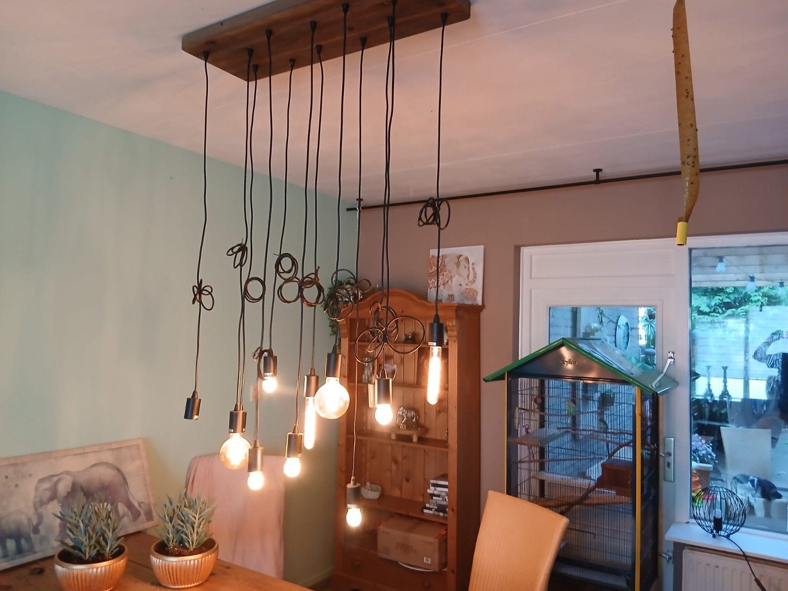 Unieke hanglamp met 11 dimbare en verstelbare lichtbronnen, Gebruikt, Industrieel, Modern, Landelijk, Hout, E27 (groot)
