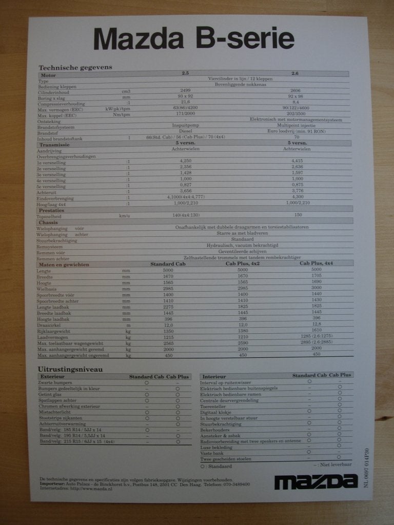 Mazda B-Serie Technische Specificatie Brochure 1997 Pick-up, Mazda, Ophalen of Verzenden, Zo goed als nieuw, Mazda