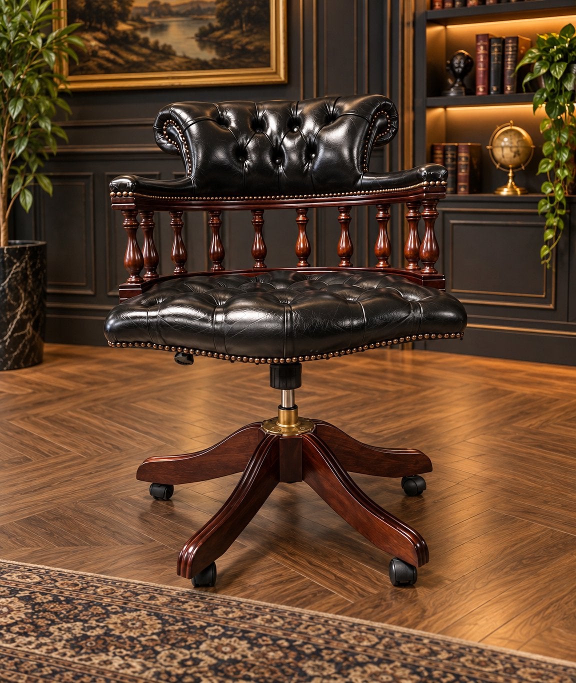 Chesterfield Zwart Lederen Captian Chair Bureaustoel !!!, Huis en Inrichting, Ophalen of Verzenden, Zo goed als nieuw, Zwart