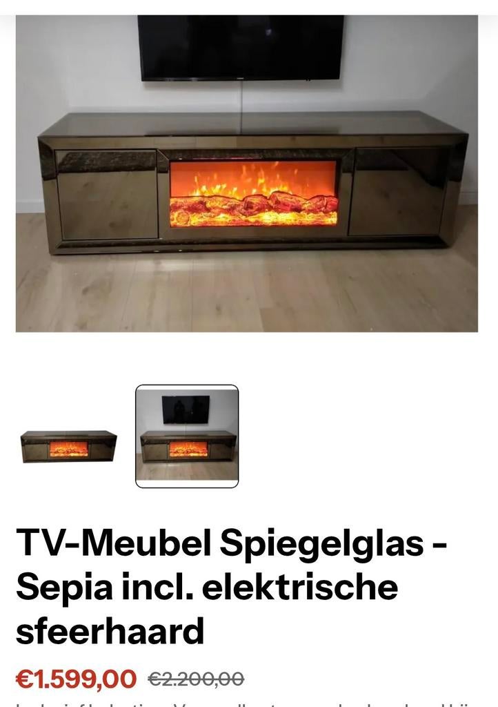 Dressoir van spiegelglas met ingebouwde elektrische haard, Ophalen of Verzenden, Zo goed als nieuw, Inbouwhaard, Elektrische haard
