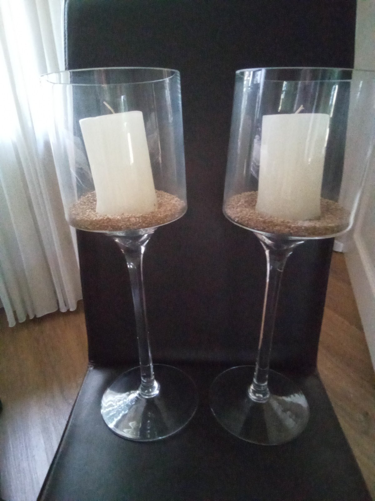 2 glazen kaarsen standaard, windlicht, kaarsenhouder. 45 cm., Huis en Inrichting, Ophalen, Windlicht, 45 cm, Glas
