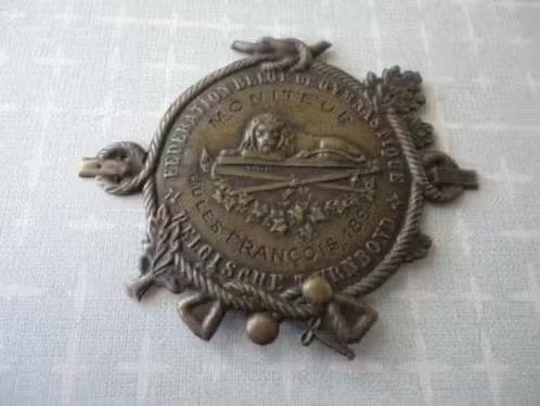 Antieke koperen plakkette, Belgian Gym Union 1894., Verzenden, Overige materialen, Buitenland