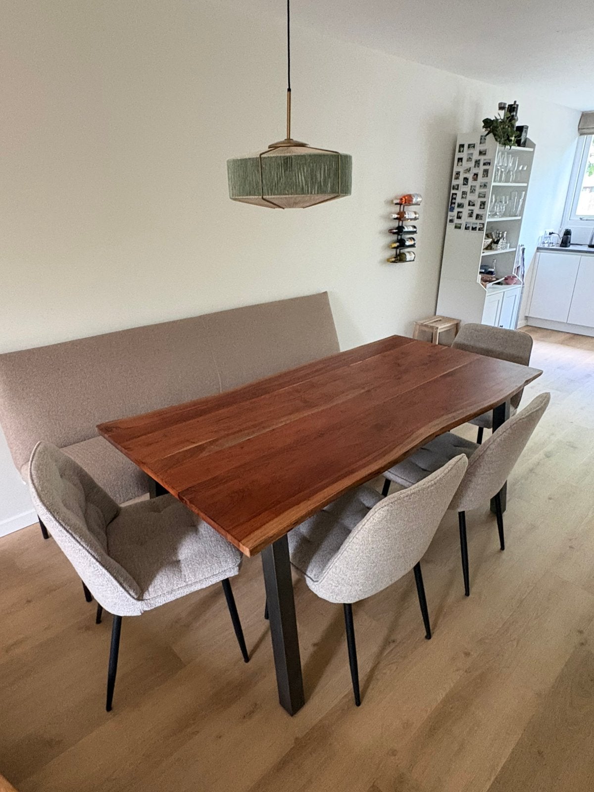 Houten eet tafel met stalen poten, Huis en Inrichting, Tafels | Eettafels, Ophalen, Eikenhout, 50 tot 100 cm, Zo goed als nieuw