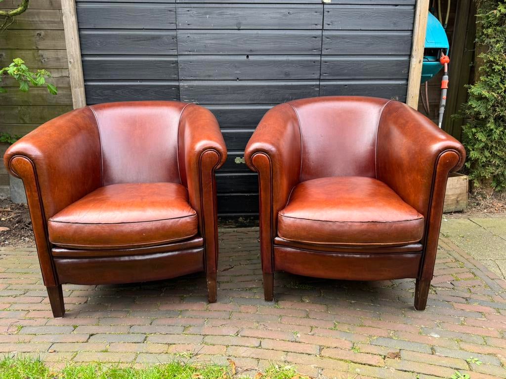 Mooie set schapenleren clubfauteuils, Huis en Inrichting, Fauteuils, Ophalen of Verzenden, Zo goed als nieuw, 75 tot 100 cm