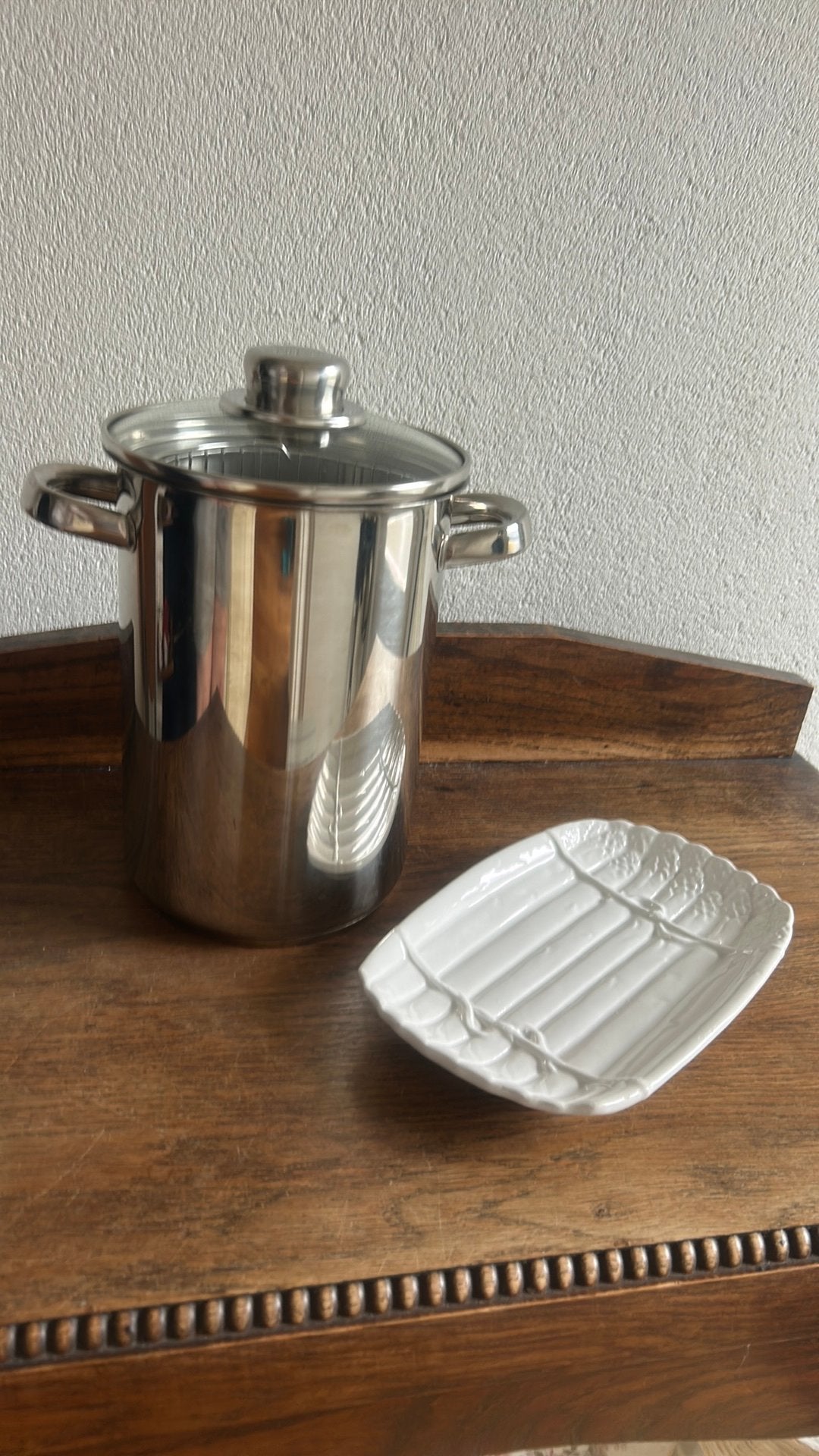 Le Chef Kitchenware aspergepan met asperge schaaltje, Met deksel, Overige typen, Ophalen of Verzenden, Zo goed als nieuw