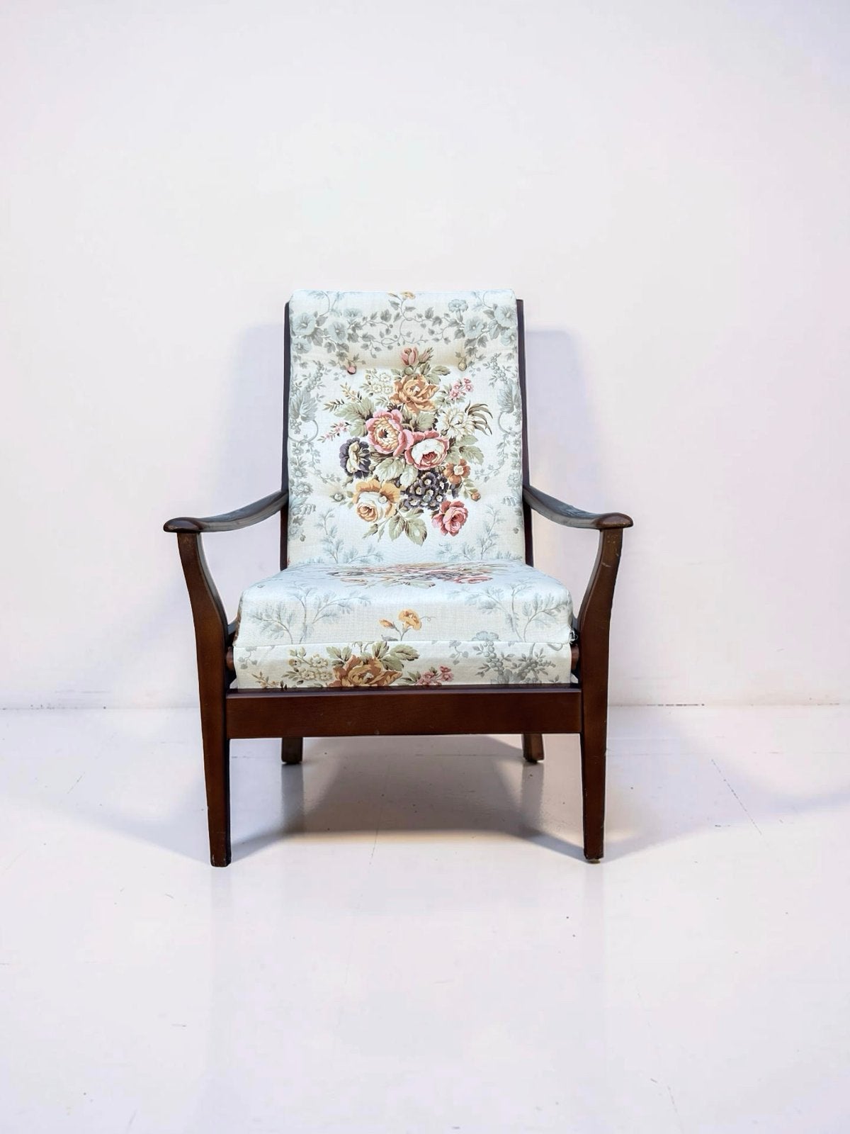 Vintage teak Fauteuil met Bloemenprint - Jaren '60, Ophalen, Gebruikt, ., 75 tot 100 cm