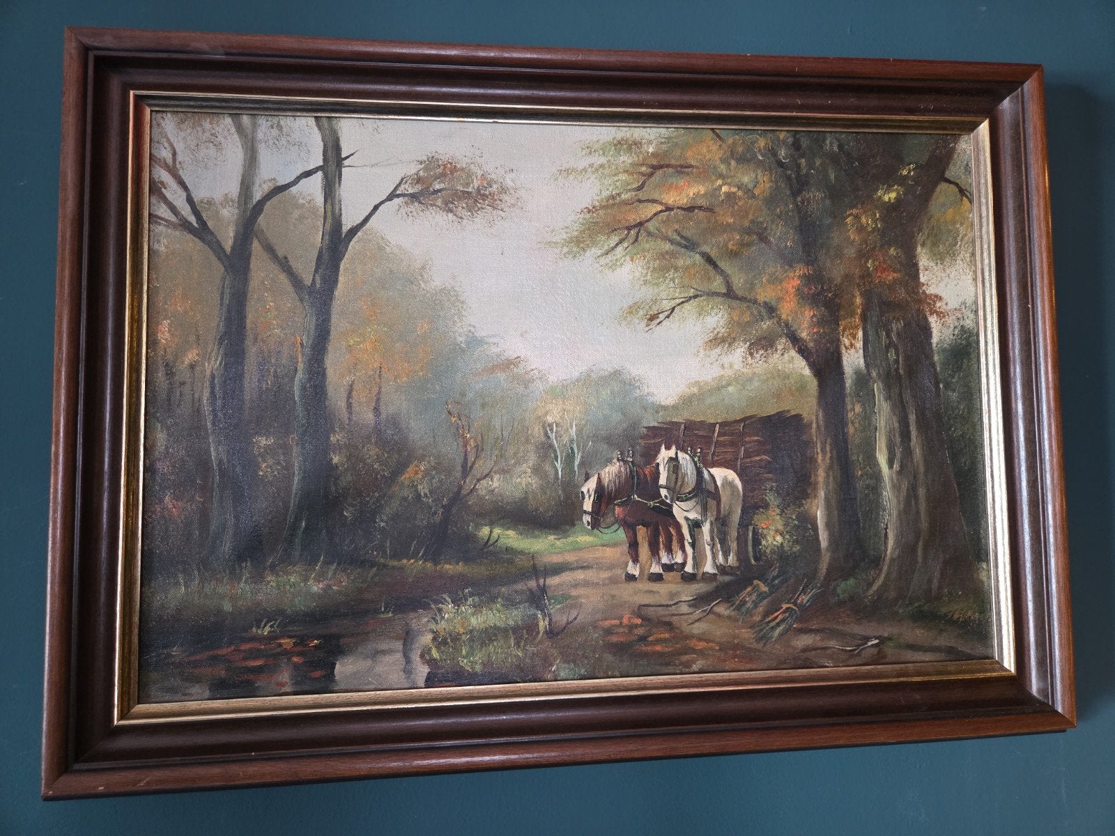 Schilderij J. Zonneveld - Paarden met wagen in bos, Antiek en Kunst, Ophalen of Verzenden