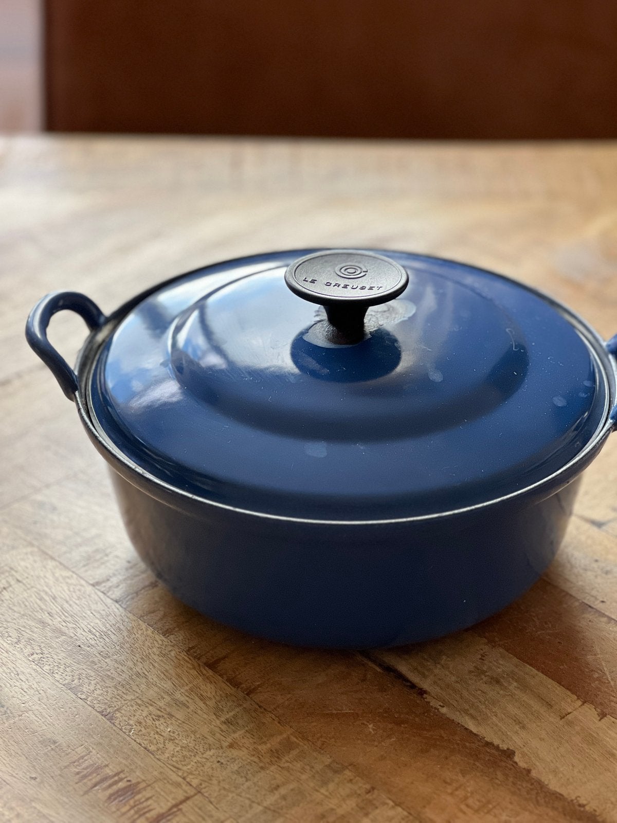 Blauwe Le Creuset Braadpan (Geëmailleerd Gietijzer), Huis en Inrichting, Ophalen of Verzenden, Gebruikt, Gietijzer, Le Creuset