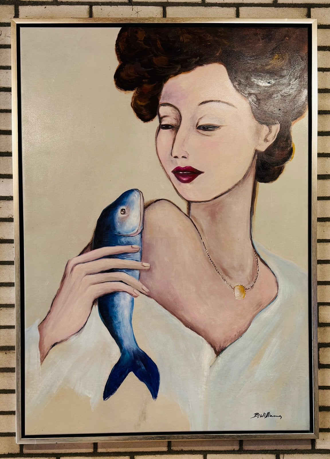 Schilderij dame met Vis B. Williams 120-90 cm. Olieverf, Antiek en Kunst, Ophalen, Schilderij, Overige technieken, Met ophangsysteem