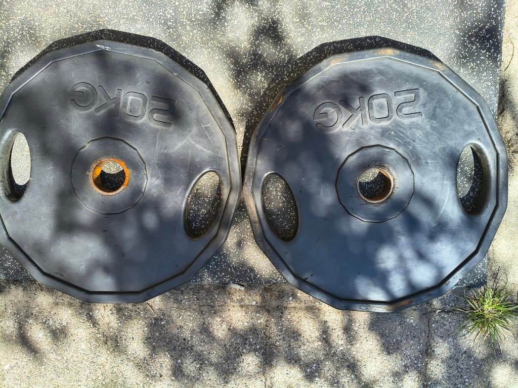 Olympische halterschijven rubber coated 20kg per stuk, Ophalen, Gebruikt