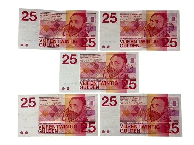 Vijf biljetten van 25 gulden, 1971, Sweelinck ZF # 329, Ophalen of Verzenden, 25 gulden, Setje