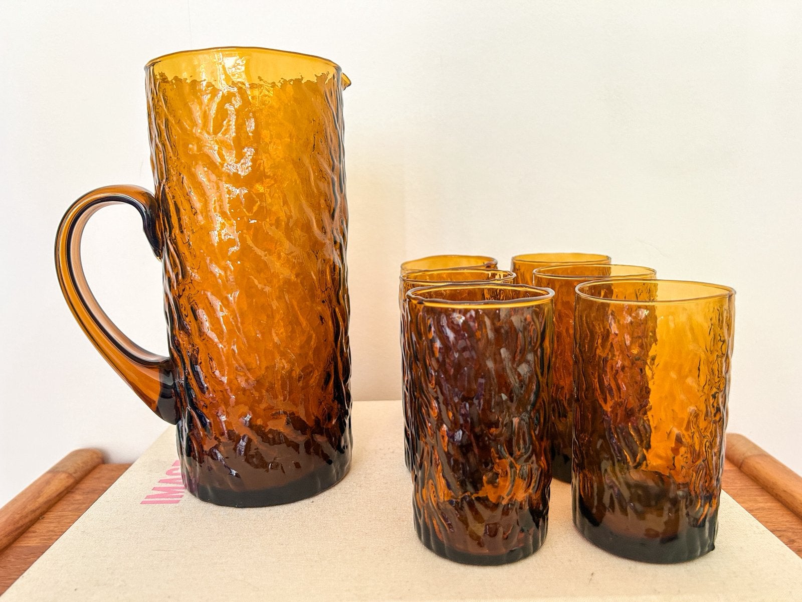 6x vintage waterglazen + karaf bruin 70’s, Ophalen of Verzenden, Zo goed als nieuw, Overige typen