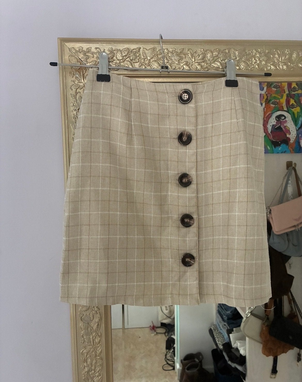 Kaylla Paris geruite mini-rok met knopen, maat S, Ophalen, Beige, Zo goed als nieuw, Maat 36 (S)