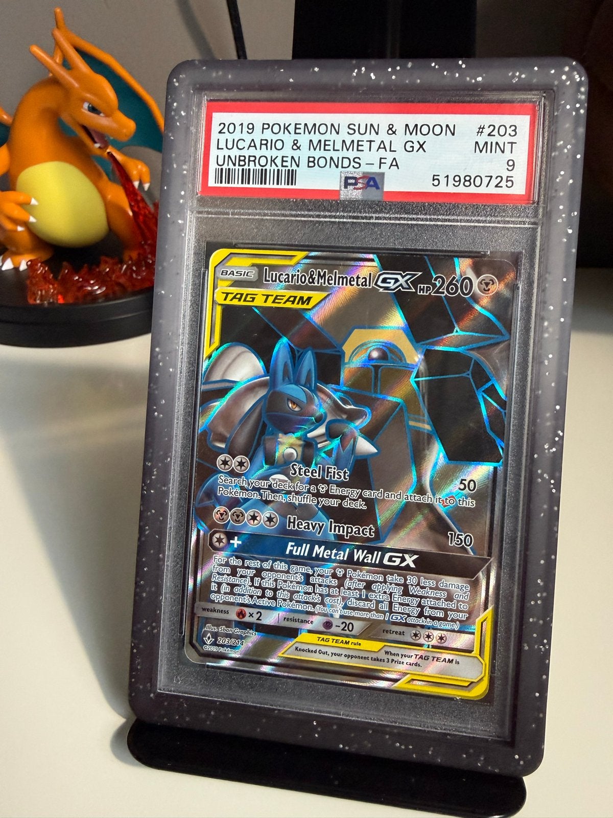 Pokémon Lucario & Melmetal GX PSA 9 Mint - Sun & Moon, Ophalen of Verzenden, Zo goed als nieuw, Losse kaart