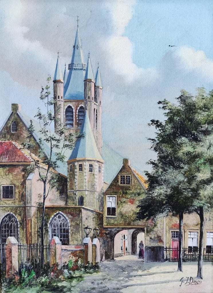 G.J. Dispo (1922-1973) - Gezicht op het Prinsenhof in Delft, Antiek en Kunst, Doek, Ophalen of Verzenden, Olieverf, Klassiek