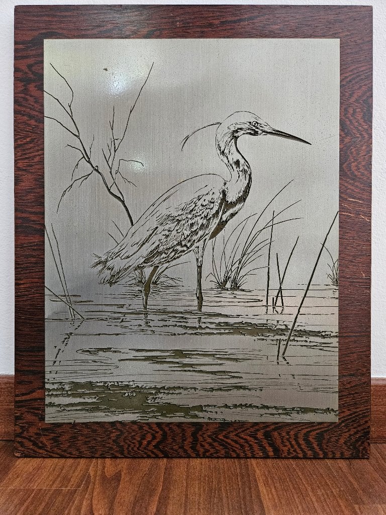 Antieke etsplaat met afbeelding van reiger, Ophalen of Verzenden