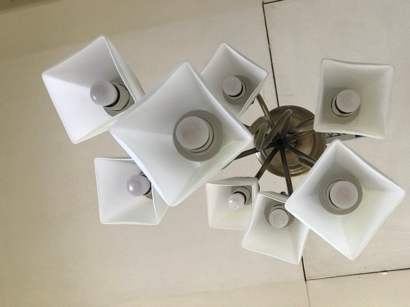 Vintage hanglamp met 8 glazen kappen - Art Deco stijl, Ophalen, Gebruikt, Glas, E14 (klein)