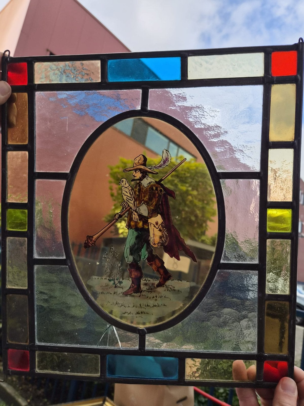 Vintage Glas-in-lood Raamhanger met Jager en Uil, Ophalen