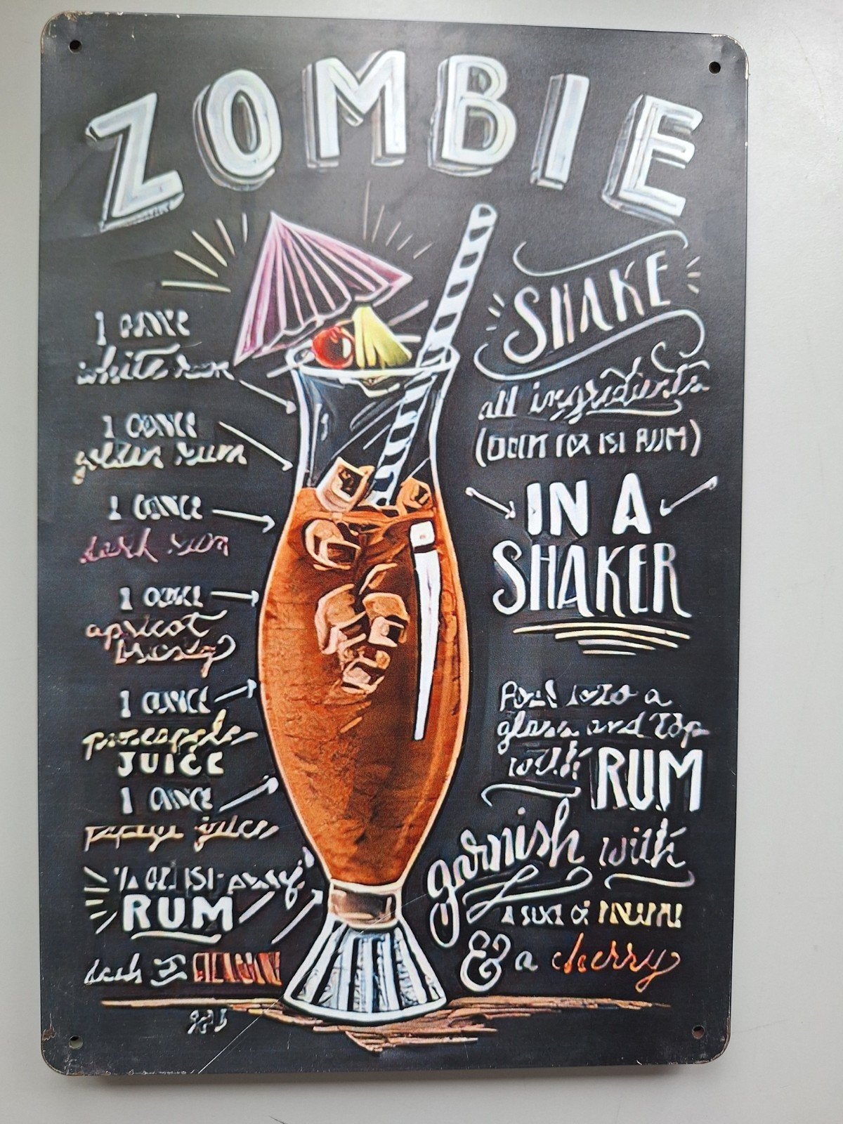Vintage metalen bord 'Zombie Cocktail Recept', Vintage, Gebruikt, Meerkleurig, Ophalen of Verzenden