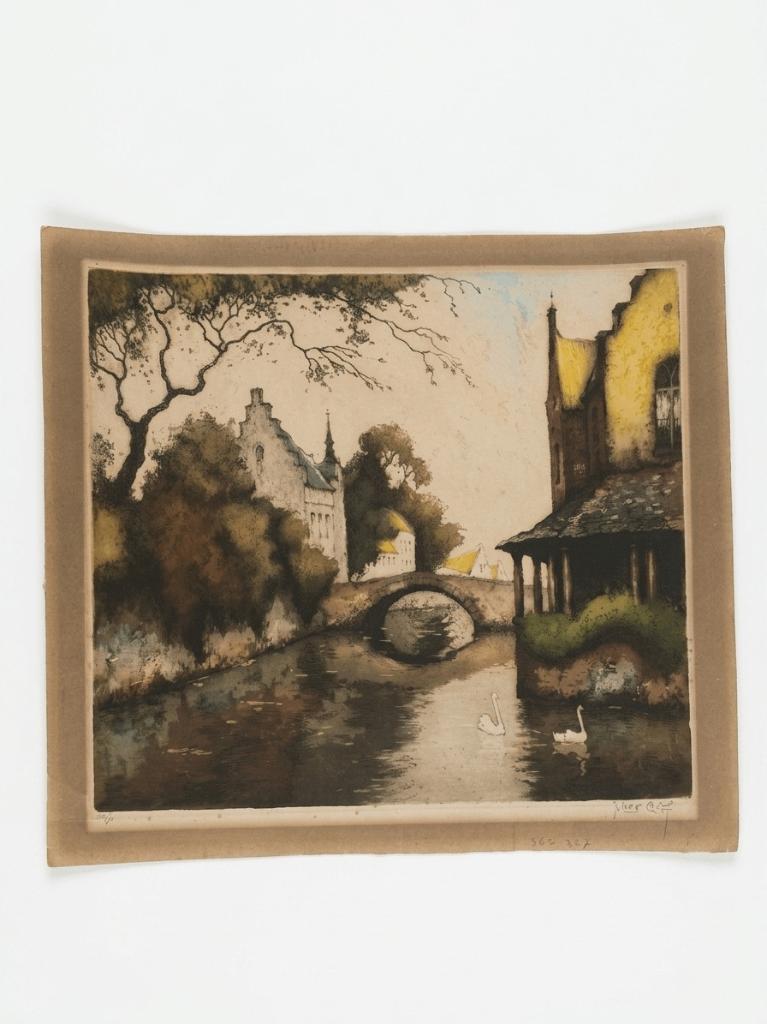 Julien Celos - Gesigneerde ets kanaal met boogbrug, Stadsgezicht, Ophalen of Verzenden, 32 cm, 36 cm
