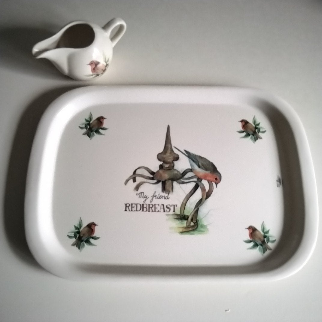Jet : "my friend redbreast" dienblad en melkkannetje, Huis en Inrichting, Keuken | Servies, Overige typen, Ophalen of Verzenden