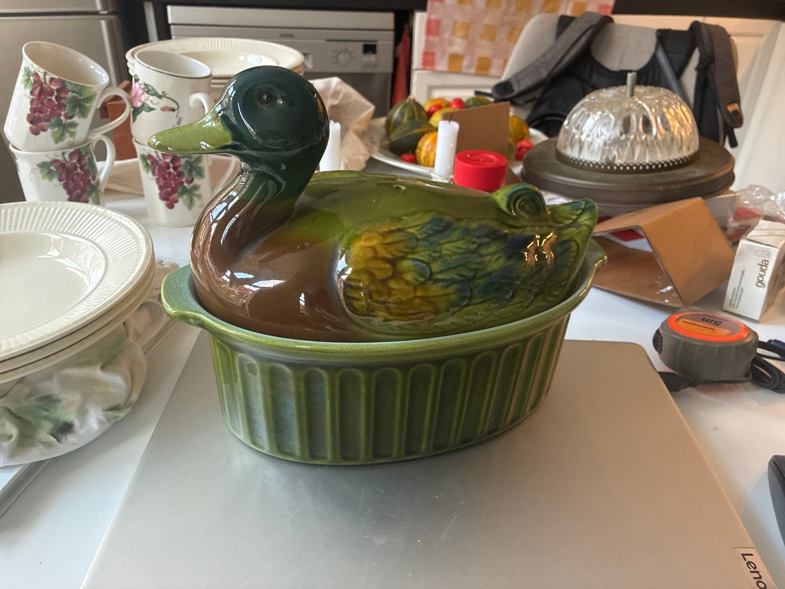 Vintage Eenden Terrine/Pate Schaal - Groen Keramiek, Ophalen of Verzenden