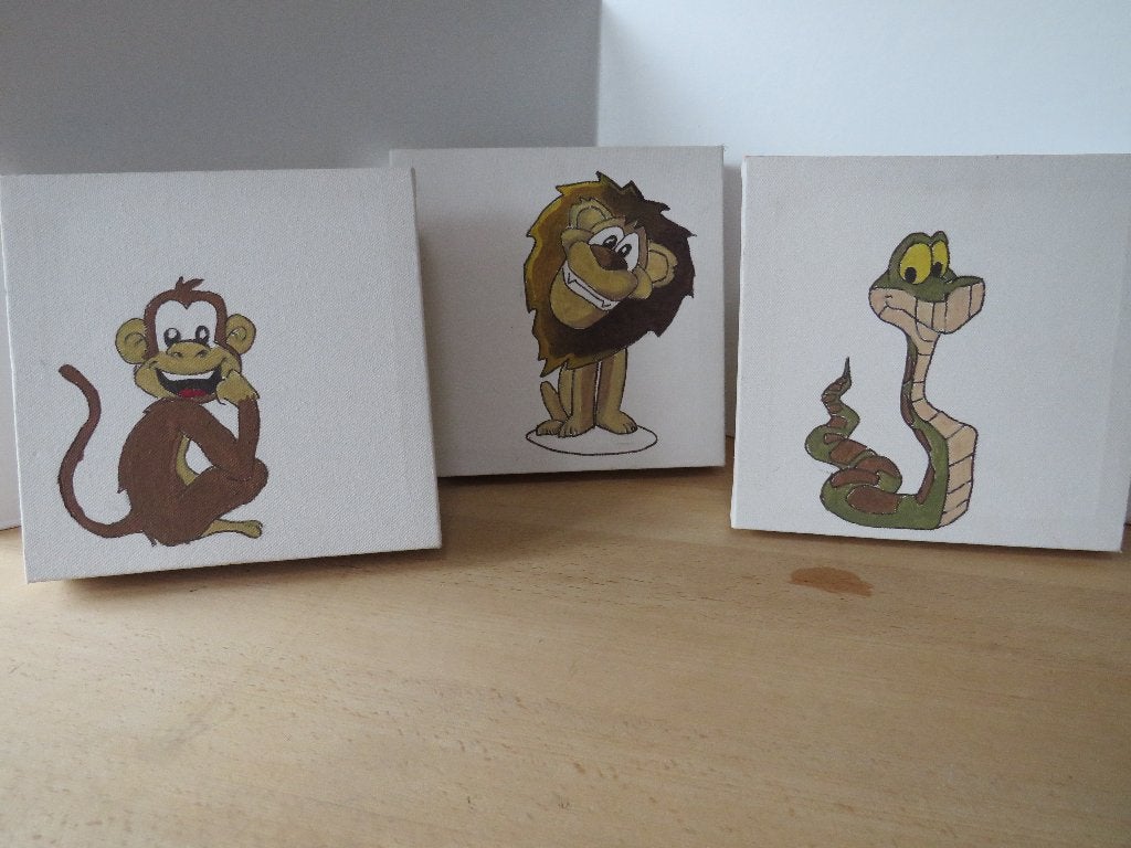 decoratie kinderkamer, kinderschilderij: leeuw slang aap, Kinderen en Baby's, Kinderkamer | Inrichting en Decoratie, Ophalen of Verzenden