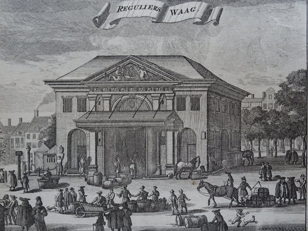 gravure Reguliers Waag Amsterdam uit 1726, C. Commelin, Verzenden, Stadsgezicht, Gravure, Origineel