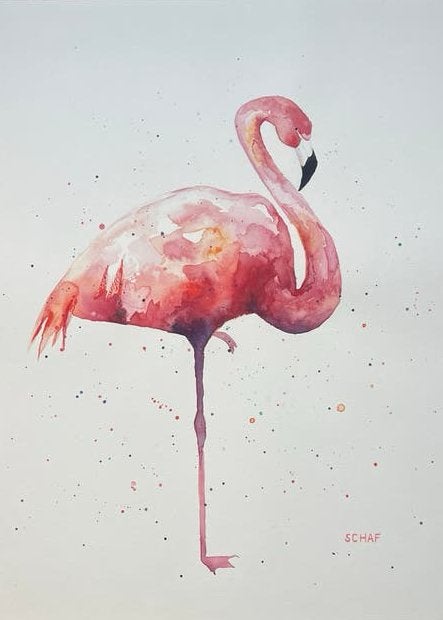 Aquarel flamingo - 65 x 50 cm, Ophalen of Verzenden, Aquarel
