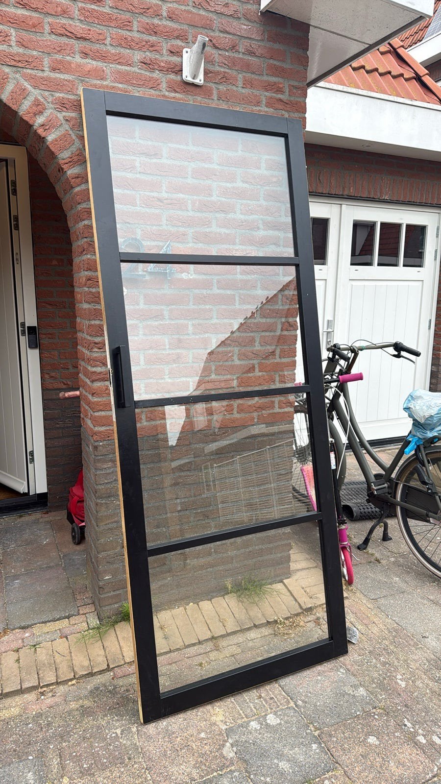 Houten deur met 4 glazen panelen en scharnieren, Ophalen, Gebruikt, 80 tot 100 cm, 215 cm of meer
