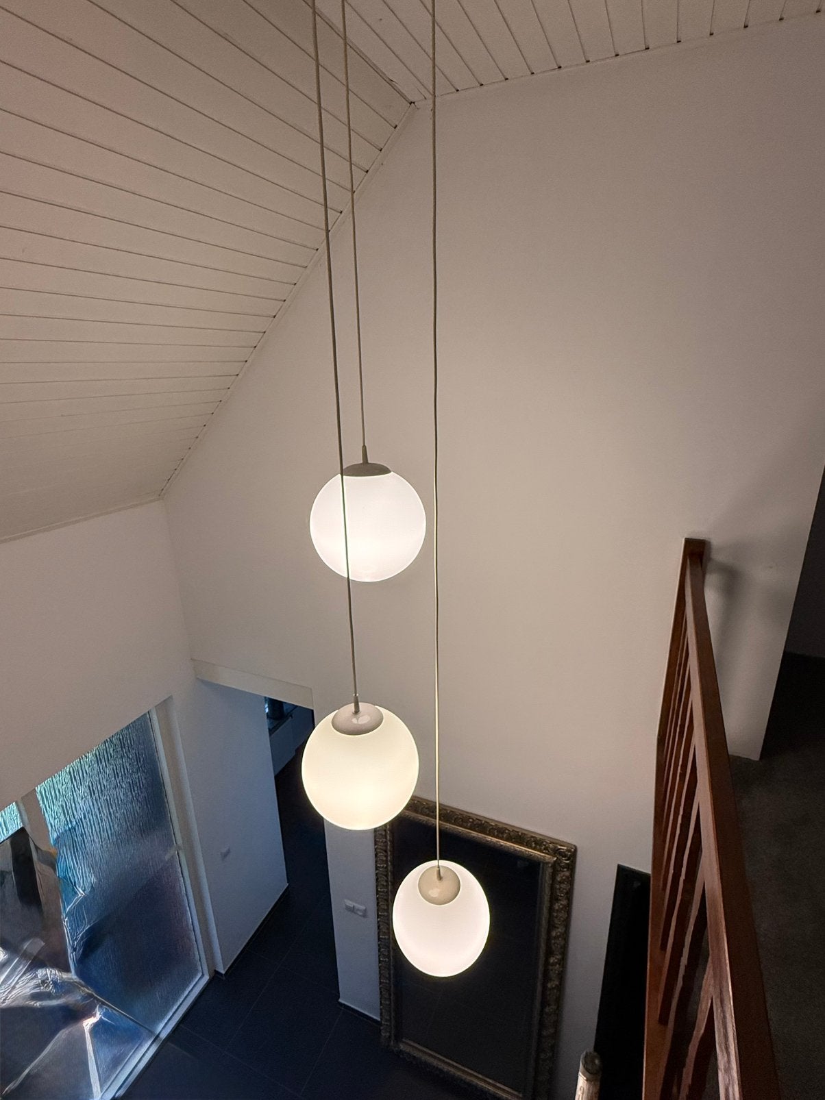Retro hanglamp met 3 glazen bollen uit de zeventiger jaren, Ophalen, Gebruikt, 200 cm of meer, Overige fittingen