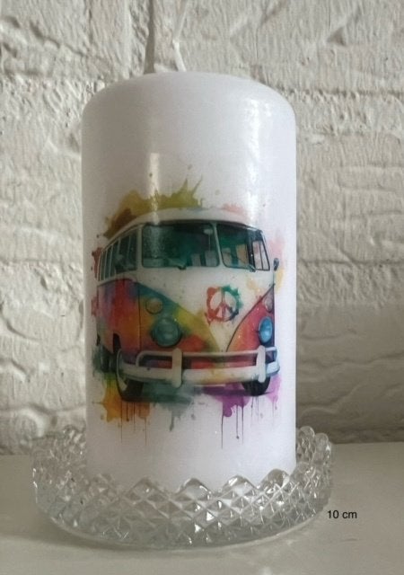 Decoratieve Kaars met Hippie Busje Print - 10 cm, 10 cm, Meerkleurig, Ophalen of Verzenden, Kaars