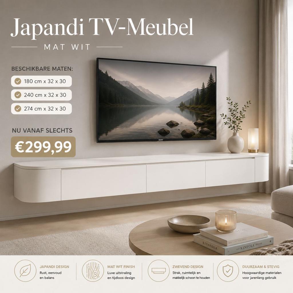 Japandi tv meubel zwevend mat wit, Huis en Inrichting, Kasten | Televisiemeubels, 150 tot 200 cm, Ophalen of Verzenden, Zo goed als nieuw