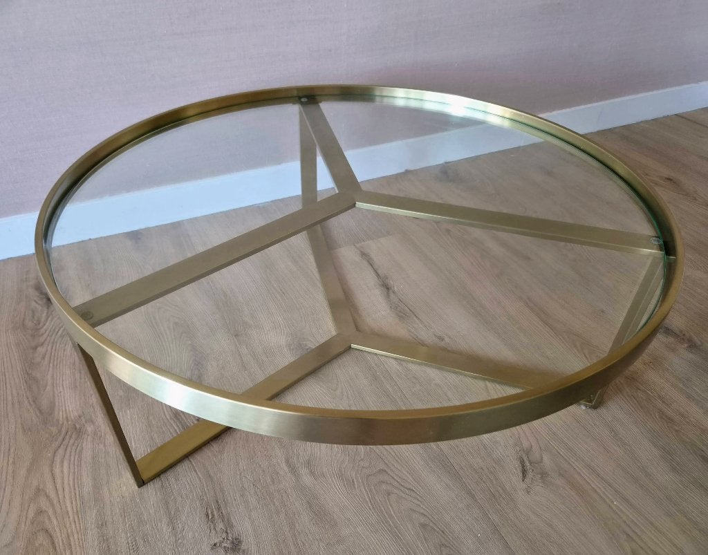 Glazen salontafel Ø90 goud onderstel, Huis en Inrichting, Tafels | Salontafels, 50 tot 100 cm, Rond, Zo goed als nieuw, Glas